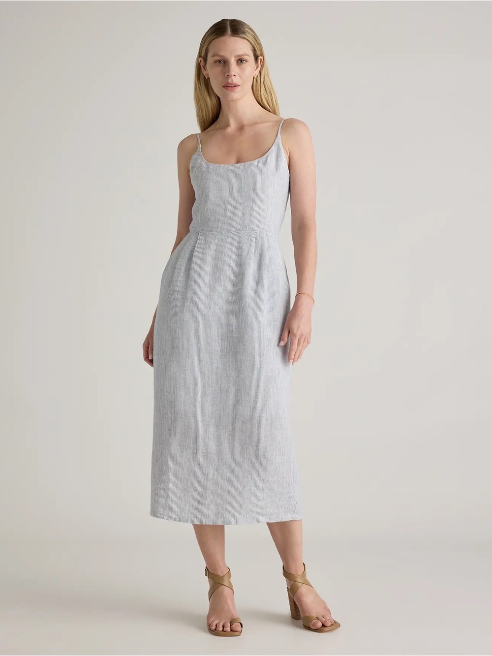 100% linen Quince Light Blue Striped Sleeveless Midi Dress - Picture 2 of 5